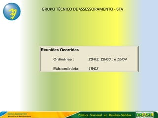 GRUPO TÉCNICO DE ASSESSORAMENTO - GTA




Reuniões Ocorridas

     Ordinárias :          28/02; 28/03 ; e 25/04

     Extraordinária:       16/03




                    Política Nacional de Resíduos Sólidos
 