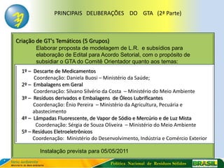 PRINCIPAIS DELIBERAÇÕES DO GTA (2ª Parte)



Criação de GT's Temáticos (5 Grupos)
        Elaborar proposta de modelagem de L.R. e subsídios para
        elaboração de Edital para Acordo Setorial, com o propósito de
        subsidiar o GTA do Comitê Orientador quanto aos temas:
  1º – Descarte de Medicamentos
        Coordenação: Daniela Buosi – Ministério da Saúde;
  2º – Embalagens em Geral
       Coordenação: Silvano Silvério da Costa – Ministério do Meio Ambiente
  3º – Resíduos derivados e Embalagens de Óleos Lubrificantes
       Coordenação: Ênio Pereira – Ministério da Agricultura, Pecuária e
       abastecimento
  4º – Lâmpadas Fluorescente, de Vapor de Sódio e Mercúrio e de Luz Mista
         Coordenação: Sérgia de Souza Oliveira – Ministério do Meio Ambiente
  5º – Resíduos Eletroeletrônicos
       Coordenação: Ministério do Desenvolvimento, Indústria e Comércio Exterior

         Instalação prevista para 05/05/2011

                                       Política Nacional de Resíduos Sólidos
 