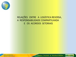 RELAÇÕES ENTRE A LOGÍSTICA REVERSA,
A RESPONSABILIDADE COMPARTILHADA
     E OS ACORDOS SETORIAIS




                Política Nacional de Resíduos Sólidos
 