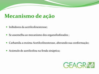  Inibidores da acetilcolinesterase;
 Se assemelha ao mecanismo dos organofosforados ;
 Carbamila a enzima Acetilcolinesterase, alterando sua conformação;
 Acúmulo de acetilcolina na fenda sináptica;
Mecanismo de ação
 