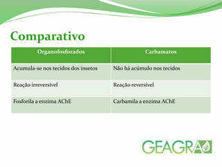Comparativo
Organofosforados Carbamatos
Acumula-se nos tecidos dos insetos Não há acúmulo nos tecidos
Reação irreversível Reação reversível
Fosforila a enzima AChE Carbamila a enzima AChE
 