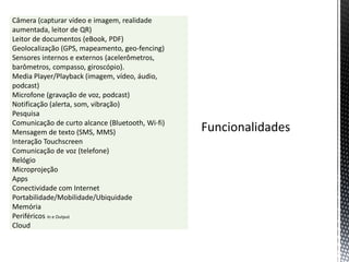Câmera (capturar vídeo e imagem, realidade
aumentada, leitor de QR)
Leitor de documentos (eBook, PDF)
Geolocalização (GPS, mapeamento, geo-fencing)
Sensores internos e externos (acelerômetros,
barômetros, compasso, giroscópio).
Media Player/Playback (imagem, vídeo, áudio,
podcast)
Microfone (gravação de voz, podcast)
Notificação (alerta, som, vibração)
Pesquisa
Comunicação de curto alcance (Bluetooth, Wi-fi)
Mensagem de texto (SMS, MMS)
Interação Touchscreen
Comunicação de voz (telefone)
Relógio
Microprojeção
Apps
Conectividade com Internet
Portabilidade/Mobilidade/Ubiquidade
Memória
Periféricos In e Output
Cloud
 