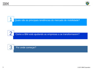 © 2013 IBM Corporation3
Quais são as principais tendências do mercado de mobilidade?
Como a IBM está ajudando as empresas a se transformarem?
Por onde começar?
11
3
1
2
 