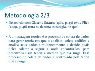Metodologia 2/3 
DeacordocomGlasereStrauss(1967,p.45)apudFlick(2009,p.46)trata-sedeumaestratégia,naqual: 
Aamostragemteóricaéoprocessodecoletadedadosparagerarteoriaemqueoanalista,coletacodificaeanalisaseusdadossimultaneamenteedecidequaisdelescoletaraseguireondeencontra-los,paradesenvolversuateoriaàmedidaqueelasurge.Esseprocessodecoletadedadosécontroladopelateoriaqueemerge.  