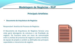 Modelagem de Negócios - RUP

                               Principais Artefatos

• Documento de Arquitetura de Negócios


Responsável: Analista do Processo de Negócios

O Documento de Arquitetura de Negócios fornece uma
visão geral abrangente da estrutura e da finalidade do
negócio. Ele funciona como um meio de comunicação
entre o analista de processo do negócio e outros membros
da equipe do projeto e contém as definições das principais
capacidades e mecanismos do negócio.
 