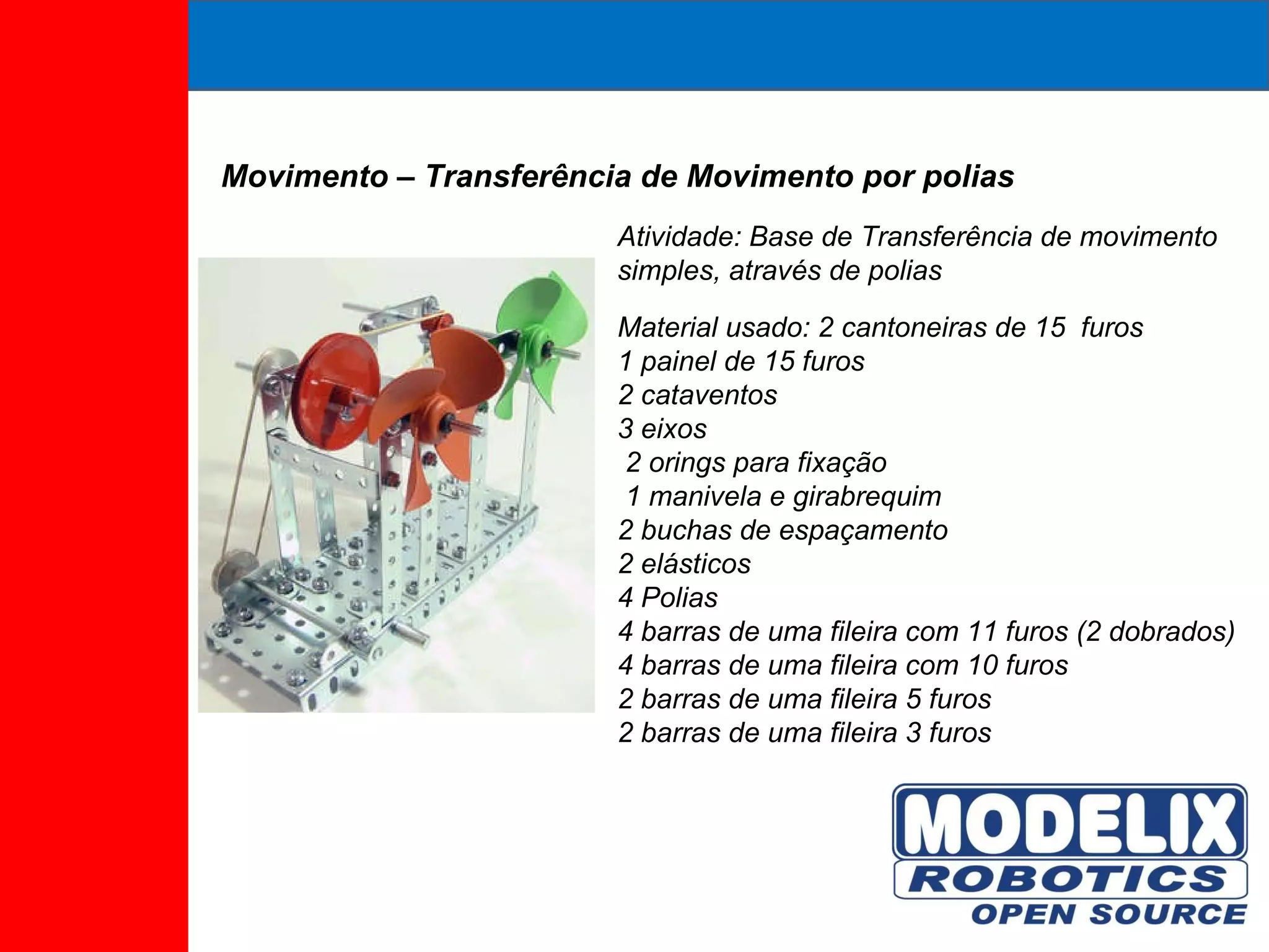 Movimento – Transferência de Movimento por polias Atividade: Base de Transferência de movimento simples, através de polias Material usado: 2 cantoneiras de 15  furos  1 painel de 15 furos  2 cataventos  3 eixos 2 orings para fixação 1 manivela e girabrequim  2 buchas de espaçamento  2 elásticos  4 Polias  4 barras de uma fileira com 11 furos (2 dobrados) 4 barras de uma fileira com 10 furos  2 barras de uma fileira 5 furos  2 barras de uma fileira 3 furos  