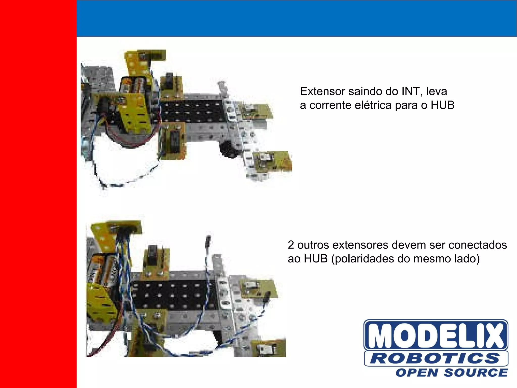 Extensor saindo do INT, leva a corrente elétrica para o HUB 2 outros extensores devem ser conectados ao HUB (polaridades do mesmo lado) 