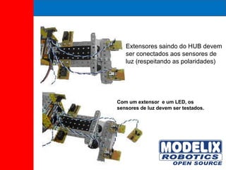 Extensores saindo do HUB devem ser conectados aos sensores de luz (respeitando as polaridades) Com um extensor  e um LED, os sensores de luz devem ser testados. 