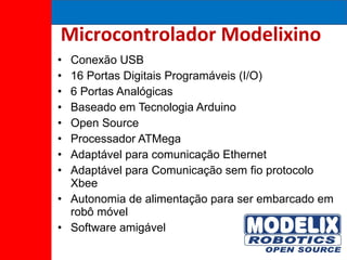Microcontrolador Modelixino Conexão USB 16 Portas Digitais Programáveis (I/O) 6 Portas Analógicas Baseado em Tecnologia Arduino Open Source Processador ATMega Adaptável para comunicação Ethernet Adaptável para Comunicação sem fio protocolo Xbee Autonomia de alimentação para ser embarcado em robô móvel Software amigável 