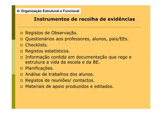 4- Organização Estrutural e Funcional

          Instrumentos de recolha de evidências

    Registos de Observação.
    Questionários aos professores, alunos, pais/EEs.
    Checklists.
    Registos estatísticos.
    Informação contida em documentação que rege e
    estrutura a vida da escola e da BE.
    Planificações.
    Análise de trabalhos dos alunos.
    Registos de reuniões/ contactos.
    Materiais de apoio produzidos e editados.
 