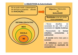 2- OBJECTIVOS da Auto-Avaliação

Só se pode medir o desempenho
de serviços e projectos… através            Objectivo: PROCURA
da AVALIAÇÃO…                                        da
                                                QUALIDADE

                                         Realidades a ter em conta
                                             nesse processo:
     SISTEMA EDUCATIVO
                                         Novos       desafios   da
                                       sociedade do séc. XXI – uma
             MEIO
                                       sociedade em rápida mudança
                                         Necessidade   de    formar
           ESCOLA                      cidadãos    conscientes    e
                                       autónomos
                                         A escola como meio para o
              BE
                                       sucesso
                                         A biblioteca como centro
                                       dinamizador de aquisição de
                                       competências
 