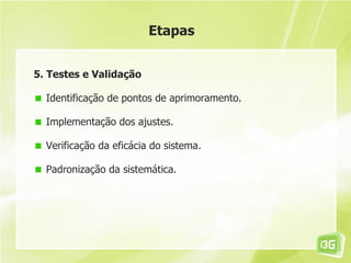 Etapas


5. Testes e Validação

  Identificação de pontos de aprimoramento.

  Implementação dos ajustes.

  Verificação da eficácia do sistema.

  Padronização da sistemática.
 