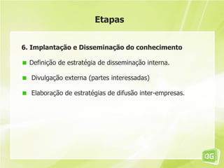 Etapas


6. Implantação e Disseminação do conhecimento

  Definição de estratégia de disseminação interna.

  Divulgação externa (partes interessadas)

  Elaboração de estratégias de difusão inter-empresas.
 