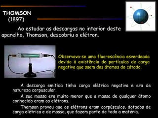 THOMSONTHOMSON
(1897)
A descarga emitida tinha carga elétrica negativa e era de
natureza corpuscular.
A sua massa era muito menor que a massa de qualquer átomo
conhecido eram os elétrons.
Thomson provou que os elétrons eram corpúsculos, dotados de
carga elétrica e de massa, que fazem parte de toda a matéria.
Observava-se uma fluorescência esverdeada
devido à existência de partículas de carga
negativa que saem dos átomos do cátodo.
Ao estudar as descargas no interior deste
aparelho, Thomson, descobriu o elétron.
 