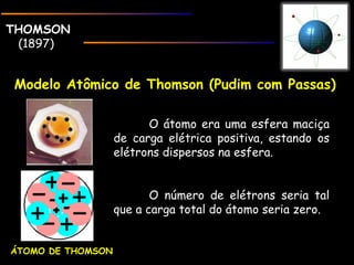 THOMSONTHOMSON
(1897)
ÁTOMO DE THOMSON
Modelo Atômico de Thomson (Pudim com Passas)Modelo Atômico de Thomson (Pudim com Passas)
O átomo era uma esfera maciça
de carga elétrica positiva, estando os
elétrons dispersos na esfera.
O número de elétrons seria tal
que a carga total do átomo seria zero.
 