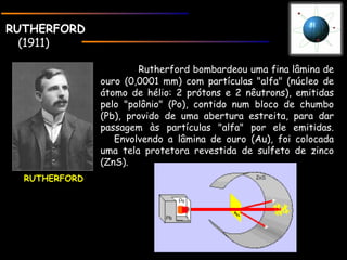 RUTHERFORDRUTHERFORD
(1911)
RUTHERFORD
Rutherford bombardeou uma fina lâmina de
ouro (0,0001 mm) com partículas "alfa" (núcleo de
átomo de hélio: 2 prótons e 2 nêutrons), emitidas
pelo "polônio" (Po), contido num bloco de chumbo
(Pb), provido de uma abertura estreita, para dar
passagem às partículas "alfa" por ele emitidas.
    Envolvendo a lâmina de ouro (Au), foi colocada
uma tela protetora revestida de sulfeto de zinco
(ZnS).
 
