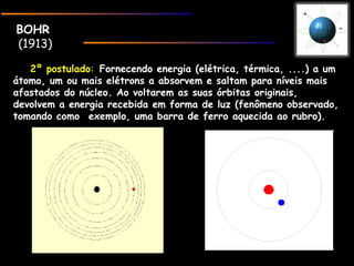 BOHRBOHR
(1913)
2º postulado: Fornecendo energia (elétrica, térmica, ....) a um
átomo, um ou mais elétrons a absorvem e saltam para níveis mais
afastados do núcleo. Ao voltarem as suas órbitas originais,
devolvem a energia recebida em forma de luz (fenômeno observado,
tomando como  exemplo, uma barra de ferro aquecida ao rubro).
 