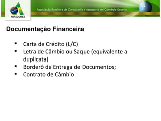 Documentação Financeira Carta de Crédito (L/C) Letra de Câmbio ou Saque (equivalente a duplicata) Borderô de Entrega de Documentos;  Contrato de Câmbio 