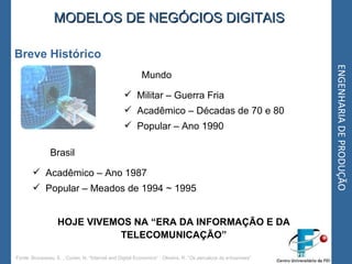 ENGENHARIA DE PRODUÇÃO Breve Histórico MODELOS DE NEGÓCIOS DIGITAIS <ul><ul><li>Mundo </li></ul></ul><ul><li>Militar – Gue...