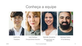 Conheça a equipe
Cecil Lima
Presidente
Lara Cardoso
Principal Diretor Executivo
Gabrielle Gonçalves
Principal Diretor de
Operações
Henrique Castro
VP de Marketing
20XX Título da apresentação 17
 