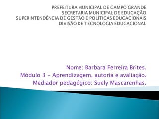 Nome: Barbara Ferreira Brites. Módulo 3 - Aprendizagem, autoria e avaliação. Mediador pedagógico: Suely Mascarenhas. 