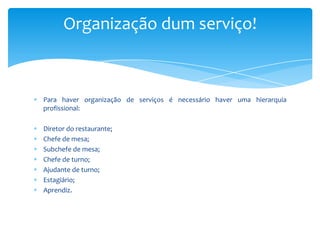 Organização dum serviço!

Para haver organização de serviços é necessário haver uma hierarquia
profissional:
Diretor do restaurante;
Chefe de mesa;
Subchefe de mesa;
Chefe de turno;
Ajudante de turno;
Estagiário;
Aprendiz.

 