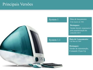 Principais Versões
System 1 Data de lançamento:
24 de Janeiro de 1984
Destaques:
Versão Inicial, responsável
pela popularização do
conceito GUI
System 1.1 Data de Lançamento:
5 de Maio de 1984
Destaques:
Versão de manutenção,
Comando Clean Up
 