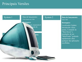 Principais Versões
System 1 Data de lançamento:
24 de Janeiro de 1984
Destaques:
Versão Inicial, responsável
pela popularização do
conceito GUI
System 1.1 Data de Lançamento:
5 de Maio de 1984
Destaques:
Versão de manutenção,
Comando Clean Up
System 2 Data de lançamento:
Abril 1985
Destaques:
Localizador Update:
Introduzido várias
pastas, Comando de
"Shut Down“ e
instalação de um
"MiniFinder" podendo
rapidamente abrir
qualquer das aplicações
escolhidas.
 