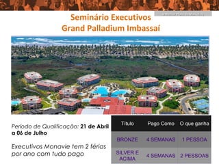 Seminário Executivos
                                             O Melhor Plano de Marketing



                  Grand Palladium Imbassaí




Período de Qualificação: 21 de Abril
a 06 de Julho

Executivos Monavie tem 2 férias
por ano com tudo pago
 