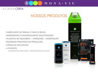 A CAUSA CERTA
NOSSOS PRODUTOS
- FABRICADOS NO BRASIL E PARA O BRASIL
- INGREDIENTES CUIDADOSAMENTE SELECIONADOS
- FILOSOFIA DE EQUILIBRIO – VARIEDADE – MODERAÇÃO
- RIGOROSO PROCESSO DE PRODUÇÃO
- FÓRMULAS EXCLUSIVAS
- 4 PATENTES
(COMPOSIÇÃO NUTRICIONAL E PROCESSAMENTO DO AÇAI)
 