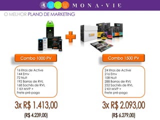 16 litros de Active
144 Emv
72 Nuit
192 Barras de RVL
168 Sachês de RVL
1 Kit MVP +
Frete pré-pago
24 litros de Active
216 Emv
108 Nuit
288 Barras de RVL
252 Sachês de RVL
2 Kit MVP +
Frete pré-pago
O MELHOR PLANO DE MARKETING
 