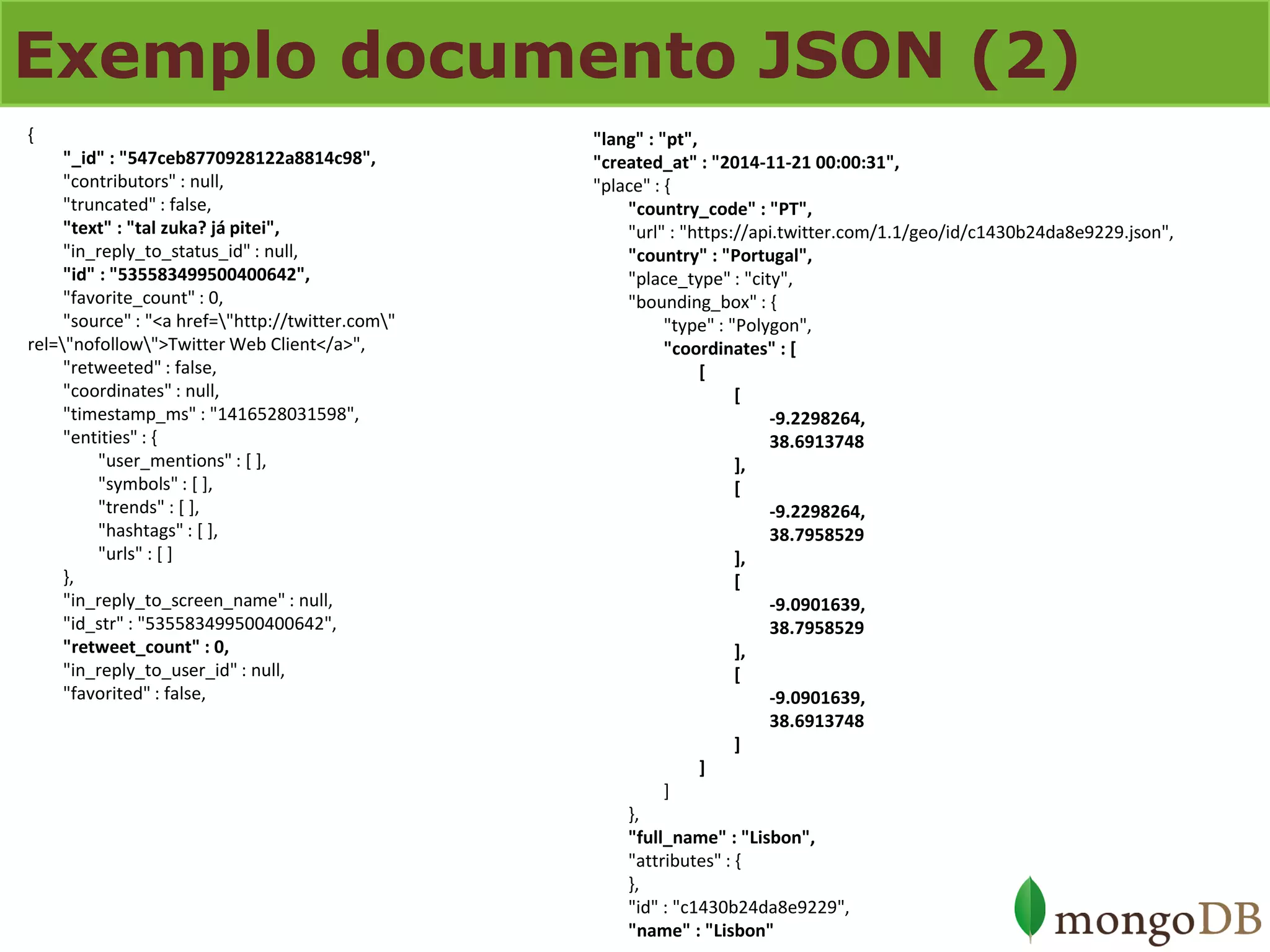 Exemplo documento JSON (2) 
{ "_id" : "547ceb8770928122a8814c98", "contributors" : null, "truncated" : false, "text" : "tal zuka? já pitei", "in_reply_to_status_id" : null, "id" : "535583499500400642", "favorite_count" : 0, "source" : "<a href="http://twitter.com" rel="nofollow">Twitter Web Client</a>", "retweeted" : false, "coordinates" : null, "timestamp_ms" : "1416528031598", "entities" : { "user_mentions" : [ ], "symbols" : [ ], "trends" : [ ], "hashtags" : [ ], "urls" : [ ] }, "in_reply_to_screen_name" : null, "id_str" : "535583499500400642", "retweet_count" : 0, "in_reply_to_user_id" : null, "favorited" : false, 
"lang" : "pt", "created_at" : "2014-11-21 00:00:31", "place" : { "country_code" : "PT", "url" : "https://api.twitter.com/1.1/geo/id/c1430b24da8e9229.json", "country" : "Portugal", "place_type" : "city", "bounding_box" : { "type" : "Polygon", "coordinates" : [ [ [ -9.2298264, 38.6913748 ], [ -9.2298264, 38.7958529 ], [ -9.0901639, 38.7958529 ], [ -9.0901639, 38.6913748 ] ] ] }, "full_name" : "Lisbon", "attributes" : { }, "id" : "c1430b24da8e9229", "name" : "Lisbon"  