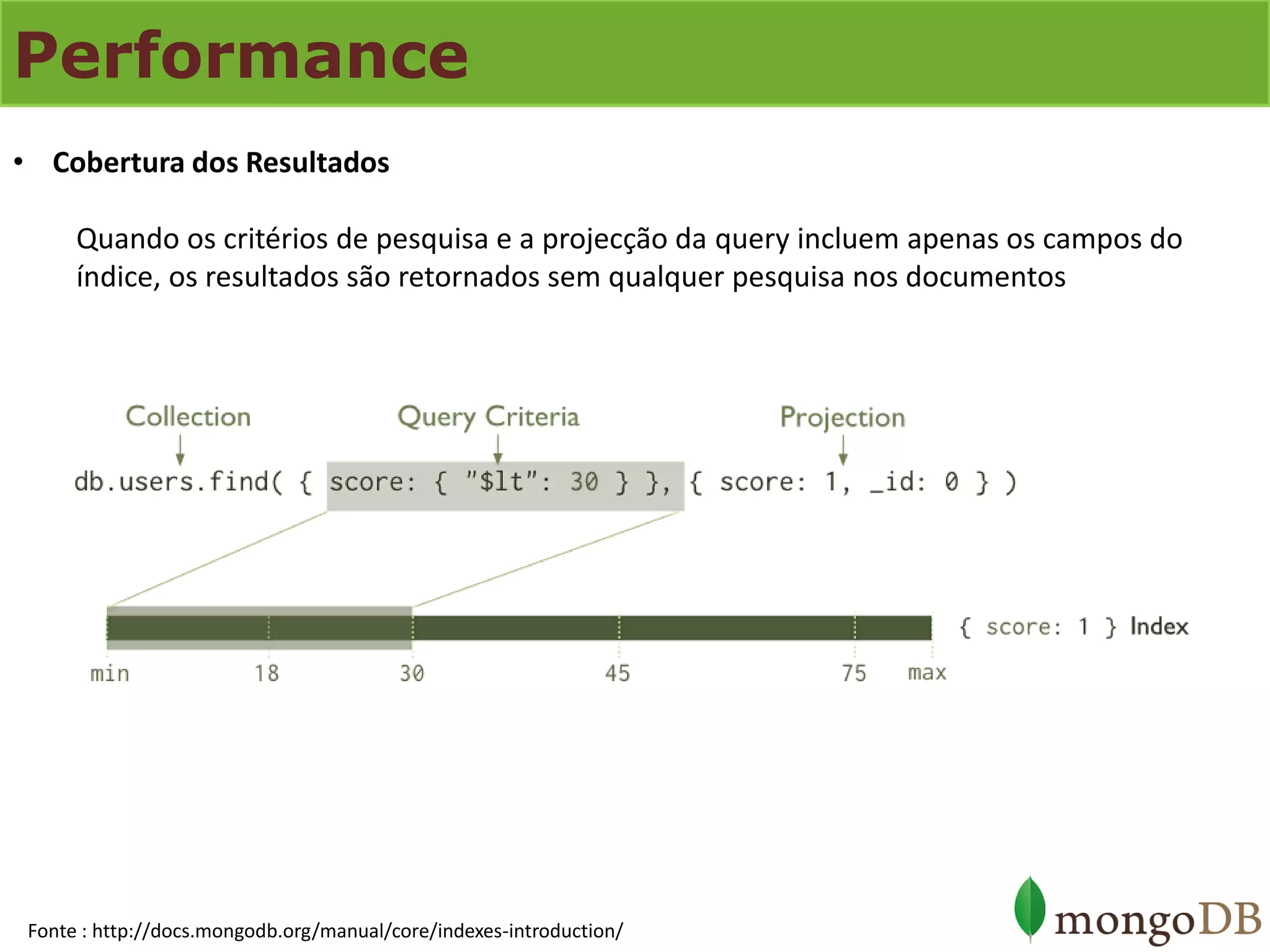 Performance 
•Cobertura dos Resultados Quando os critérios de pesquisa e a projecção da query incluem apenas os campos do índice, os resultados são retornados sem qualquer pesquisa nos documentos 
Fonte : http://docs.mongodb.org/manual/core/indexes-introduction/  