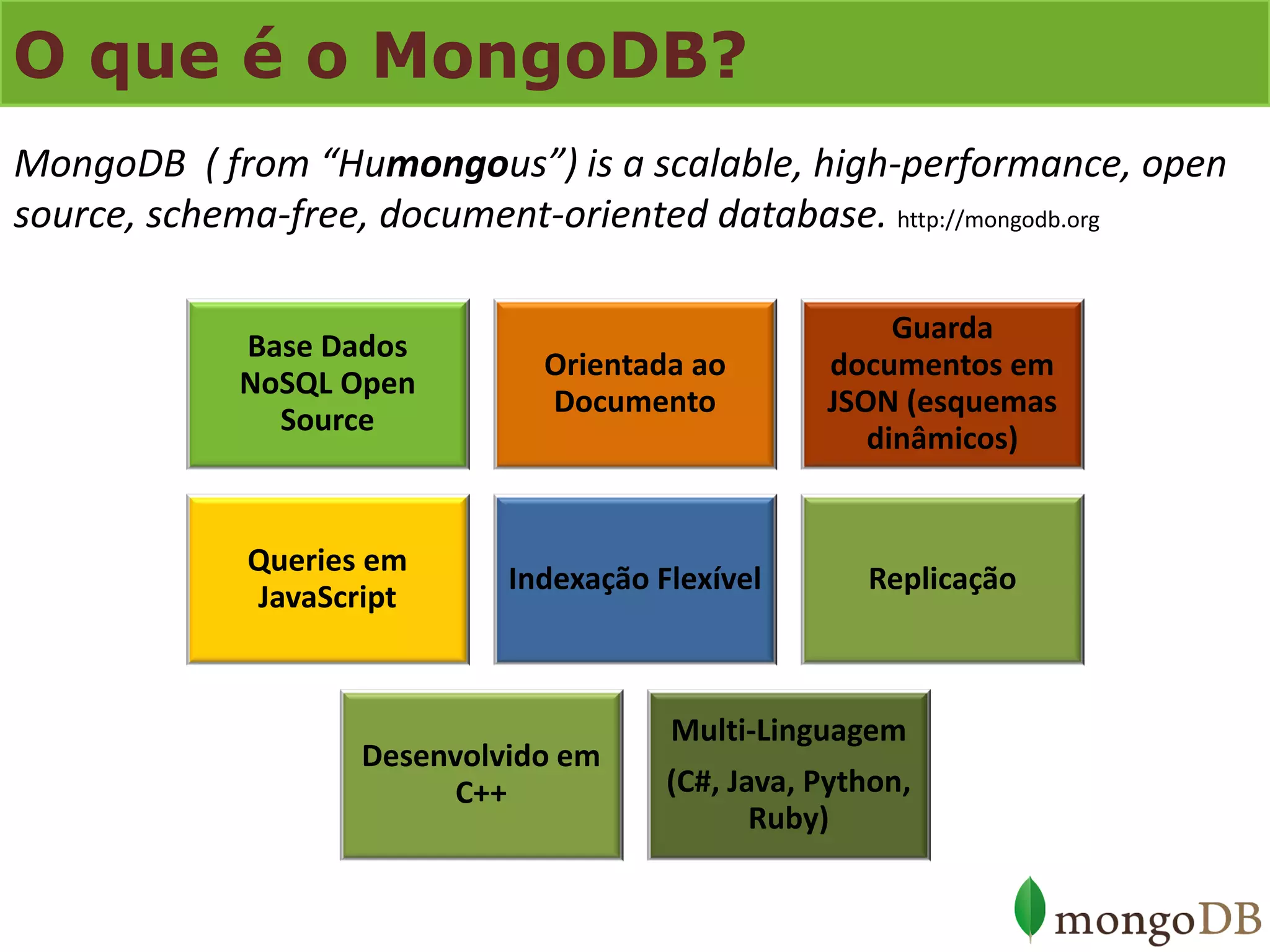 O que é o MongoDB? 
MongoDB ( from “Humongous”) is a scalable, high-performance, open source, schema-free, document-oriented database. http://mongodb.org 
Base Dados NoSQL Open Source 
Orientada ao Documento 
Guarda documentos em JSON (esquemas dinâmicos) 
Queries em JavaScript 
Indexação Flexível 
Replicação 
Desenvolvido em C++ 
Multi-Linguagem (C#, Java, Python, Ruby)  