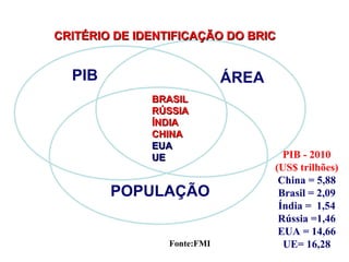 CRITÉRIO DE IDENTIFICAÇÃO DO BRIC


  PIB                        ÁREA
              BRASIL
              RÚSSIA
              ÍNDIA
              CHINA
              EUA
              UE                      PIB - 2010
                                    (US$ trilhões)
                                     China = 5,88
        POPULAÇÃO                    Brasil = 2,09
                                     Índia = 1,54
                                     Rússia =1,46
                                     EUA = 14,66
                 Fonte:FMI            UE= 16,28
 