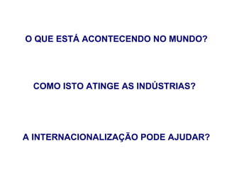 O QUE ESTÁ ACONTECENDO NO MUNDO?




 COMO ISTO ATINGE AS INDÚSTRIAS?




A INTERNACIONALIZAÇÃO PODE AJUDAR?
 
