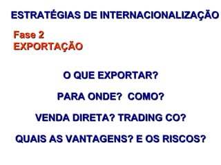 ESTRATÉGIAS DE INTERNACIONALIZAÇÃO

Fase 2
EXPORTAÇÃO

        O QUE EXPORTAR?

       PARA ONDE? COMO?

   VENDA DIRETA? TRADING CO?

QUAIS AS VANTAGENS? E OS RISCOS?
 