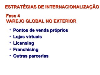 ESTRATÉGIAS DE INTERNACIONALIZAÇÃO

Fase 4
VAREJO GLOBAL NO EXTERIOR
 •   Pontos de venda próprios
 •   Lojas virtuais
 •   Licensing
 •   Franchising
 •   Outras parcerias
 