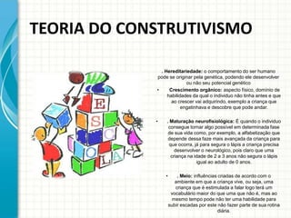 TEORIA DO CONSTRUTIVISMO
. Hereditariedade: o comportamento do ser humano
pode se originar pela genética, podendo ele desenvolver
ou não seu potencial genético
• Crescimento orgânico: aspecto físico, domínio de
habilidades da qual o individuo não tinha antes e que
ao crescer vai adquirindo, exemplo a criança que
engatinhava e descobre que pode andar.
• . Maturação neurofisiológica: É quando o individuo
consegue tornar algo possível em determinada fase
de sua vida como, por exemplo, a alfabetização que
depende dessa faze mais avançada da criança para
que ocorra, já para segura o lápis a criança precisa
desenvolver o neurológico, pois claro que uma
criança na idade de 2 a 3 anos não segura o lápis
igual ao adulto de 0 anos.
• . Meio: influências criadas de acordo com o
ambiente em que a criança vive, ou seja, uma
criança que é estimulada a falar logo terá um
vocabulário maior do que uma que não é, mas ao
mesmo tempo pode não ter uma habilidade para
subir escadas por este não fazer parte de sua rotina
diária.
 