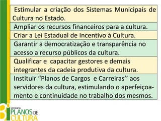 Estimular a criação dos Sistemas Municipais de
Cultura no Estado.
Ampliar os recursos financeiros para a cultura.
Criar a Lei Estadual de Incentivo à Cultura.
Garantir a democratização e transparência no
acesso a recurso públicos da cultura.
Qualificar e capacitar gestores e demais
integrantes da cadeia produtiva da cultura.
Instituir “Planos de Cargos e Carreiras’’ aos
servidores da cultura, estimulando o aperfeiçoa-
mento e continuidade no trabalho dos mesmos.
 