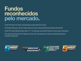 Fundos
reconhecidos
pelo mercado.
Fundo XP Investor FIA, eleito 5 estrelas pelas revistas Você S/A e Exame.
XP Gestão de Recursos, eleita a melhor gestora de renda variável pela Revista Investidor Institucional.
Fundo XP Financial Multimercado, eleito o nº 1 do ranking da revista IstoÉ Dinheiro por duas vezes consecutivas.
XP Investor Small Caps FIA e XP Absoluto Consumo FIA, classificados como fundos excelentes pela Revista
Investidor Institucional.
 