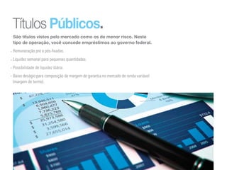 Títulos Públicos.
São títulos vistos pelo mercado como os de menor risco. Neste
tipo de operação, você concede empréstimos ao governo federal.
Remuneração pré e pós-fixadas.
Liquidez semanal para pequenas quantidades.
Possibilidade de liquidez diária.
Baixo deságio para composição de margem de garantia no mercado de renda variável
(margem de termo).
 
