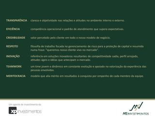 TRANSPARÊNCIA   clareza e objetividade nas relações e atitudes no ambiente interno e externo.

EFICIÊNCIA      competência operacional e padrão de atendimento que supera expectativas.

CREDIBILIDADE   valor percebido pelo cliente em todo o nosso modelo de negócio.

RESPEITO        filosofia de trabalho focada no gerenciamento de risco para a proteção de capital e resumida
                numa frase: "queremos nosso cliente vivo no mercado".

INOVAÇÃO        referência em soluções inovadoras resultantes de competitividade sadia, perfil arrojado,
                atitudes ágeis e idéias que antecipam o mercado.

TEAMWORK        um time jovem e dinâmico em constante evolução e apoiado na valorização da experiência das
                pessoas envolvidas.
MERITOCRACIA    modelo que alia mérito em resultados à conquista por empenho de cada membro da equipe.
 