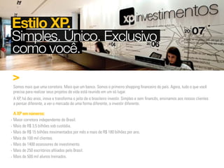 Somos mais que uma corretora. Mais que um banco. Somos o primeiro shopping financeiro do país. Agora, tudo o que você
precisa para realizar seus projetos de vida está reunido em um só lugar.
A XP, há dez anos, inova e transforma o jeito de o brasileiro investir. Simples e sem financês, ensinamos aos nossos clientes
a pensar diferente, a ver o mercado de uma forma diferente, a investir diferente.

A XP em números:
Maior corretora independente do Brasil.
Mais de R$ 3,5 bilhões sob custódia.
Mais de R$ 15 bilhões movimentados por mês e mais de R$ 180 bilhões por ano.
Mais de 100 mil clientes.
Mais de 1400 assessores de investimento.
Mais de 250 escritórios afiliados pelo Brasil.
Mais de 500 mil alunos treinados.
 