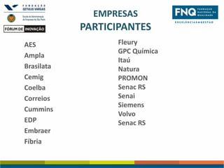 EMPRESAS

PARTICIPANTES
AES
Ampla
Brasilata
Cemig
Coelba
Correios
Cummins
EDP
Embraer
Fíbria

Fleury
GPC Química
Itaú
Natura
PROMON
Senac RS
Senai
Siemens
Volvo
Senac RS

 