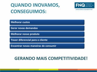 QUANDO INOVAMOS,
CONSEGUIMOS:
Melhorar custos

Gerar novas demandas
Melhorar nosso produto
Trazer diferencial para o cliente
Encontrar novas maneiras de consumir

GERANDO MAIS COMPETITIVIDADE!

 
