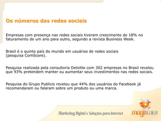 Os números das redes sociais
Empresas com presença nas redes sociais tiveram crescimento de 18% no
faturamento de um ano para outro, segundo a revista Business Week.
Brasil é o quinto país do mundo em usuários de redes sociais
(pesquisa ComScore).
Pesquisa realizada pela consultoria Deloitte com 302 empresas no Brasil revelou
que 93% pretendem manter ou aumentar seus investimentos nas redes sociais.
Pesquisa do Grupo Publicis revelou que 44% dos usuários do Facebook já
recomendaram ou falaram sobre um produto ou uma marca.
 
