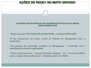 CONSTRUÇÃO DO SISTEMA DE INFORMAÇÃO DE SALVAGUARDAS
SOCIOAMBIENTAIS
Parceiras com o ICV/IMAFLORA/CCBA/SEMA – iniciativa REDD+SES
 Em 08/05/2014 foi criado comitê de Padrões de Salvaguardas com 15
instituições.
O processo de construção respeitou as Salvaguardas – construída com a
participação de todos os seguimentos.
Futuro funcionamento – tomada de decisão colegiada – Art. 7° da Lei do REDD+
prevê a criação do Conselho Gestor – Entidades eleitas do FMMC.
AÇÕES DE REDD+ NO MATO GROSSO
 