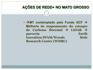 AÇÕES DE REDD+ NO MATO GROSSO
 MT contemplado pelo Fundo GCF 
Melhoria do mapeamento do estoque
de Carbono florestal  LiDAR 
parceria Earth
Inovation/IPAM/Woods Hole
Research Center (WHRC)
 