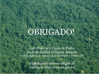 OBRIGADO!
Luiz Francisco Tegon de Pinho
Suely de Fatima Menegon Bertoldi
Coordenadoria de Mudanças Climáticas – SEMA-MT
tegondepinho@sema.mt.gov.br
suelybertoldi@sema.mt.gov.br
 